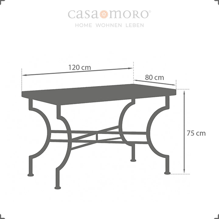 Maße: 120 x 80 cm, Höhe 75 cm – großzügiger Tisch für Terrasse, Küche oder Wohnzimmer