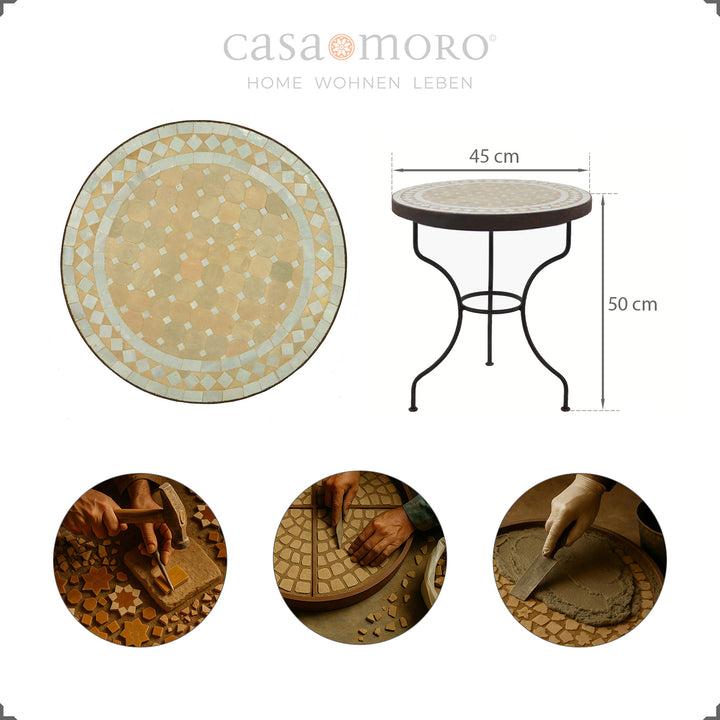 Runder Mosaiktisch mit Keramikfliesen in Weiß-Terracotta, handgefertigt in Marrakesch