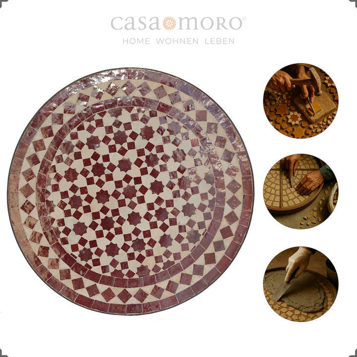 Runder Tisch mit Sternmosaik in warmen Rottönen, geeignet als Kaffeetisch oder Ablagetisch