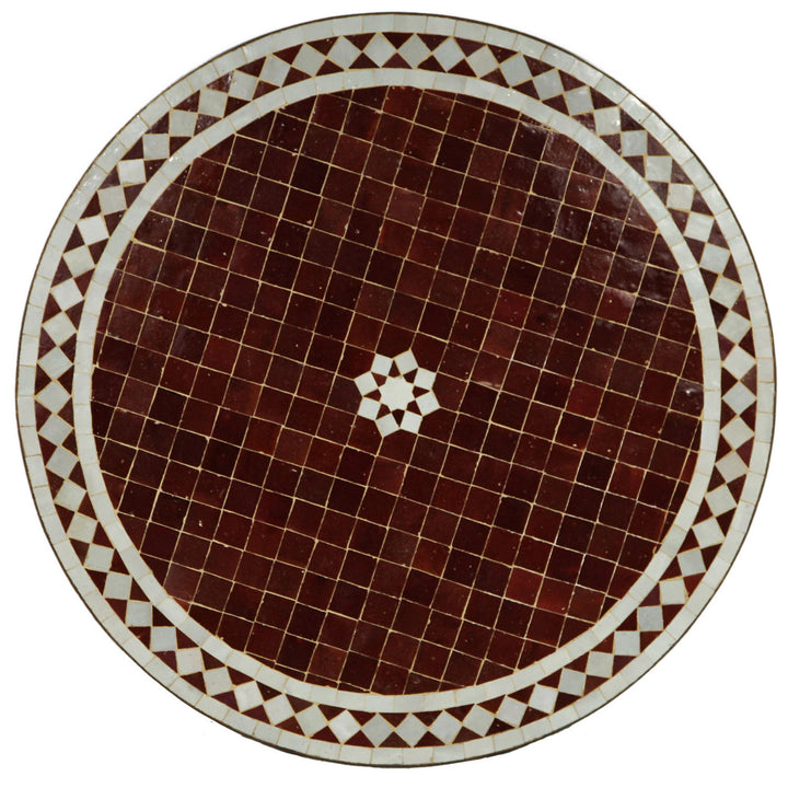 Runde Mosaikplatte Ø 60 cm in Bordeaux-Weiß mit klassischem Rautenmuster und Sternzentrum