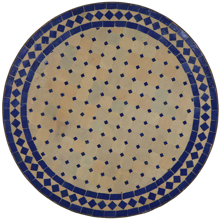 Gartentisch Rund 120 cm mit handgefertigtem Zellige-Mosaik in Blau und Terracotta