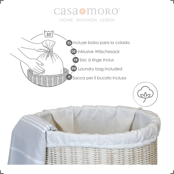 Rattan-Aufbewahrungsbox in weiß gekalktem Look mit Baumwolleinsatz, handgeflochten und dekorativ zugleich