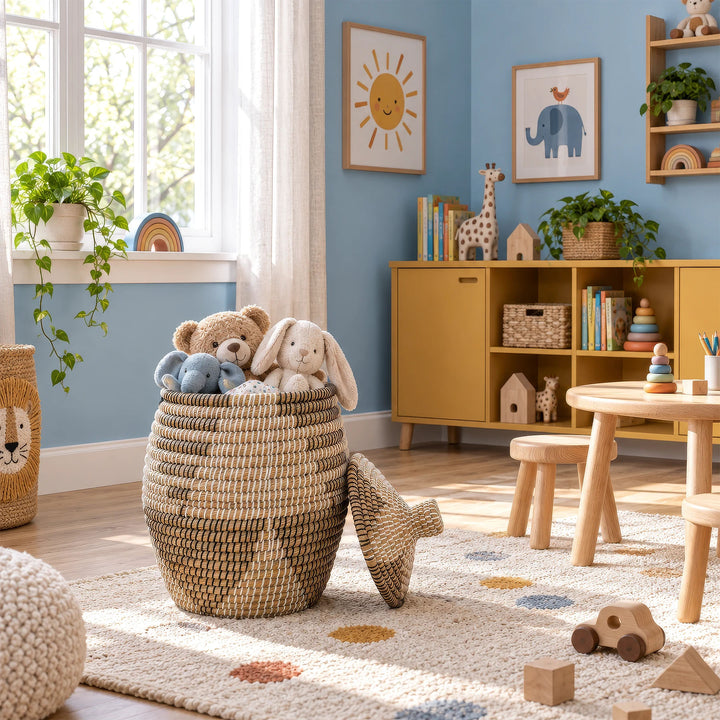 Seegraskorb in Natur/Braun/Schwarz/Weiß mit ca. 30 Litern Volumen und Kuscheltieren im Kinderzimmer.