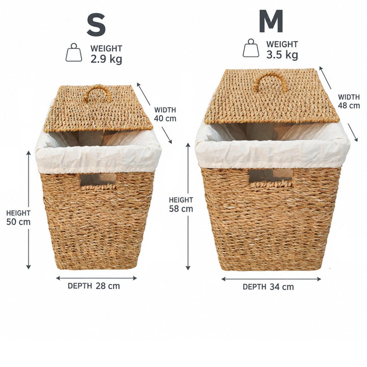 Maßgrafik zum Seegras-Set: S mit 40 × 28 × 50 cm und 2,9 kg, M mit 48 × 34 × 58 cm und 3,5 kg.