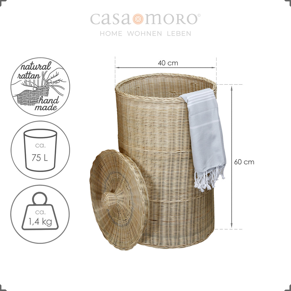 Hohes Rattankorb-Modell mit Deckel und Hamamtuch, als Aufbewahrung oder Wäschekorb nutzbar