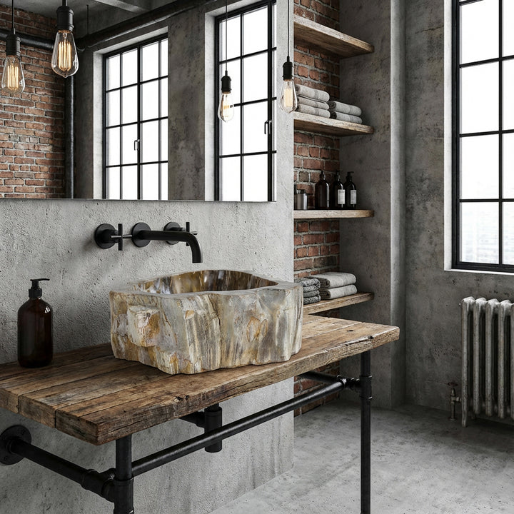 Aufsatzwaschbecken aus Naturstein mit fossiler Holzstruktur, platziert auf Holzablage im Industrial-Badezimmer mit Ziegelwand und Metallarmatur.