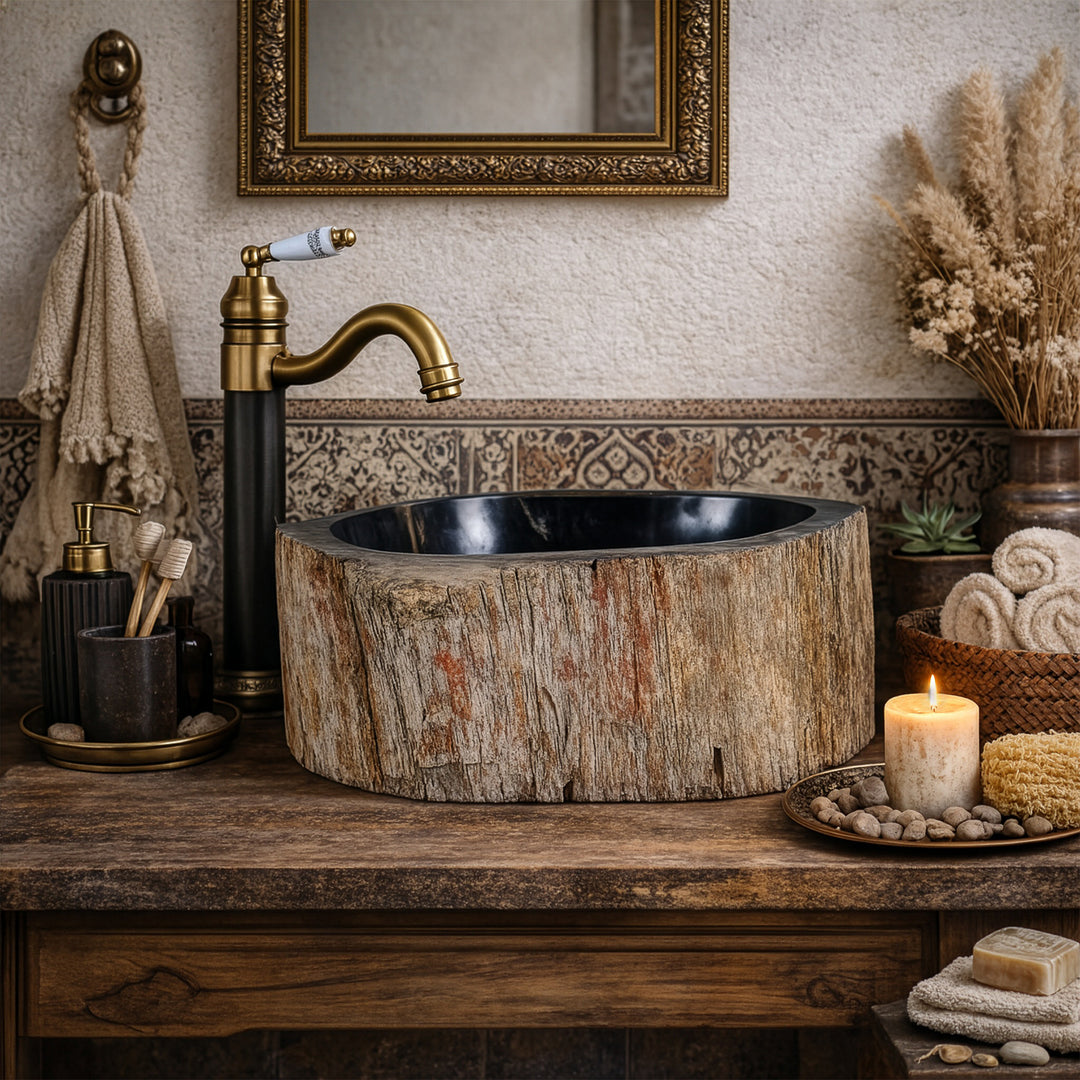 Aufsatzwaschbecken aus Naturstein mit fossiler Holzstruktur, rundes Steinbecken auf Holzkonsole mit Messingarmatur im warmen Badambiente.