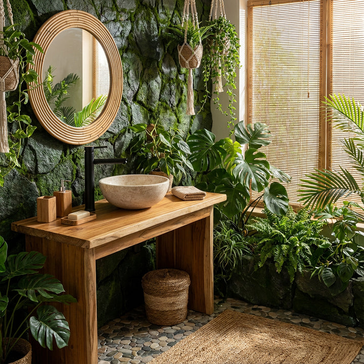 Rundes Aufsatzwaschbecken aus hellem Stein auf Holzwaschtisch mit schwarzer Armatur im grünen Spa-Badambiente