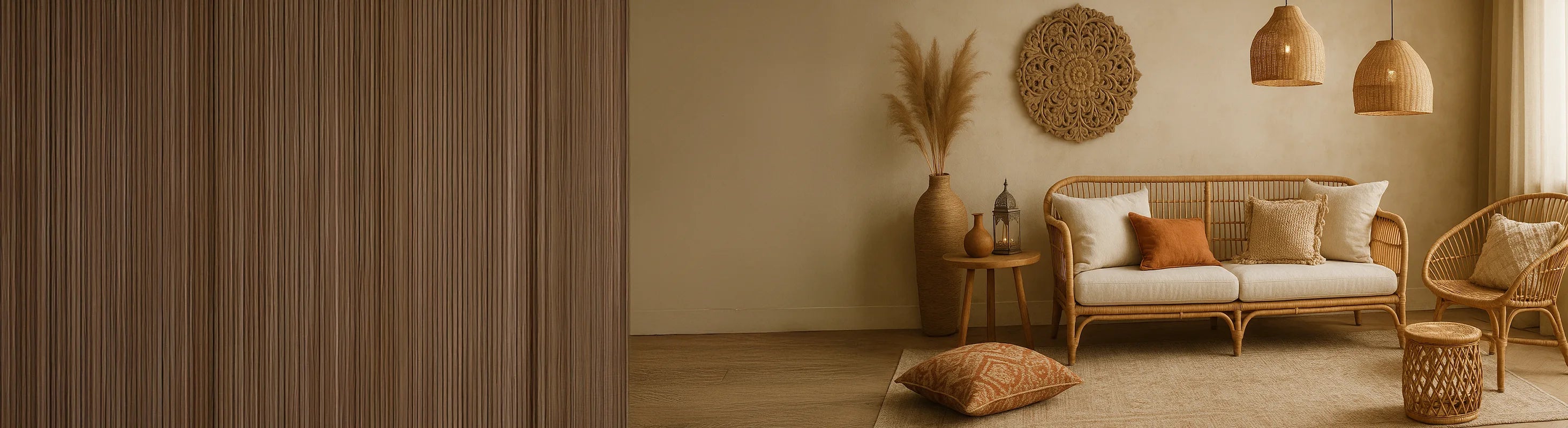 Boho Style – Boho Style Chic Wohnzimmer mit Rattanmöbeln, Naturtönen, gewebten Kissen, geflochtenen Lampen und marokkanischen Dekoakzenten