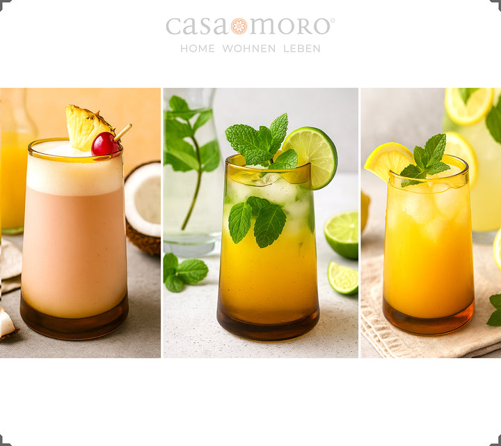 Honigfarbene Gläser im Einsatz als Cocktailgläser – ideal für Sommerdrinks & Garnitur mit Limette