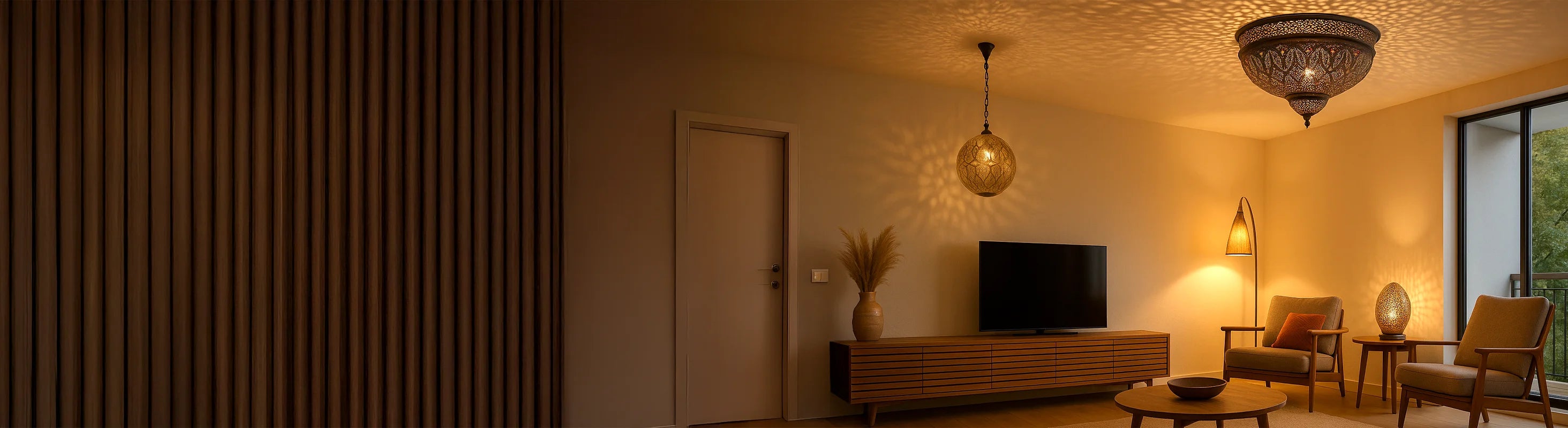 Deckenleuchten – Wohnzimmer mit handgefertigten Deckenleuchten, Stehlampe und Tischleuchte – stimmungsvolle Beleuchtung in warmem Ambiente