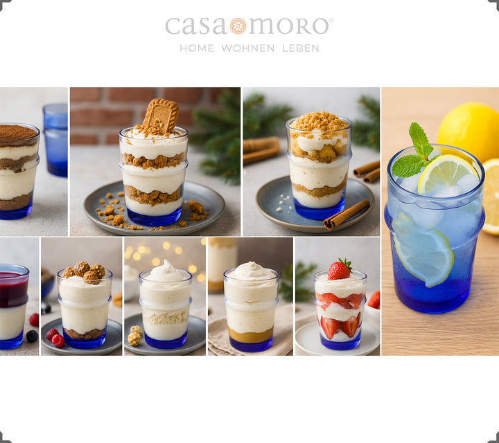 Gläser Set in Blau mit verschiedenen Desserts serviert – als Dessertgläser perfekt für cremige Kreationen