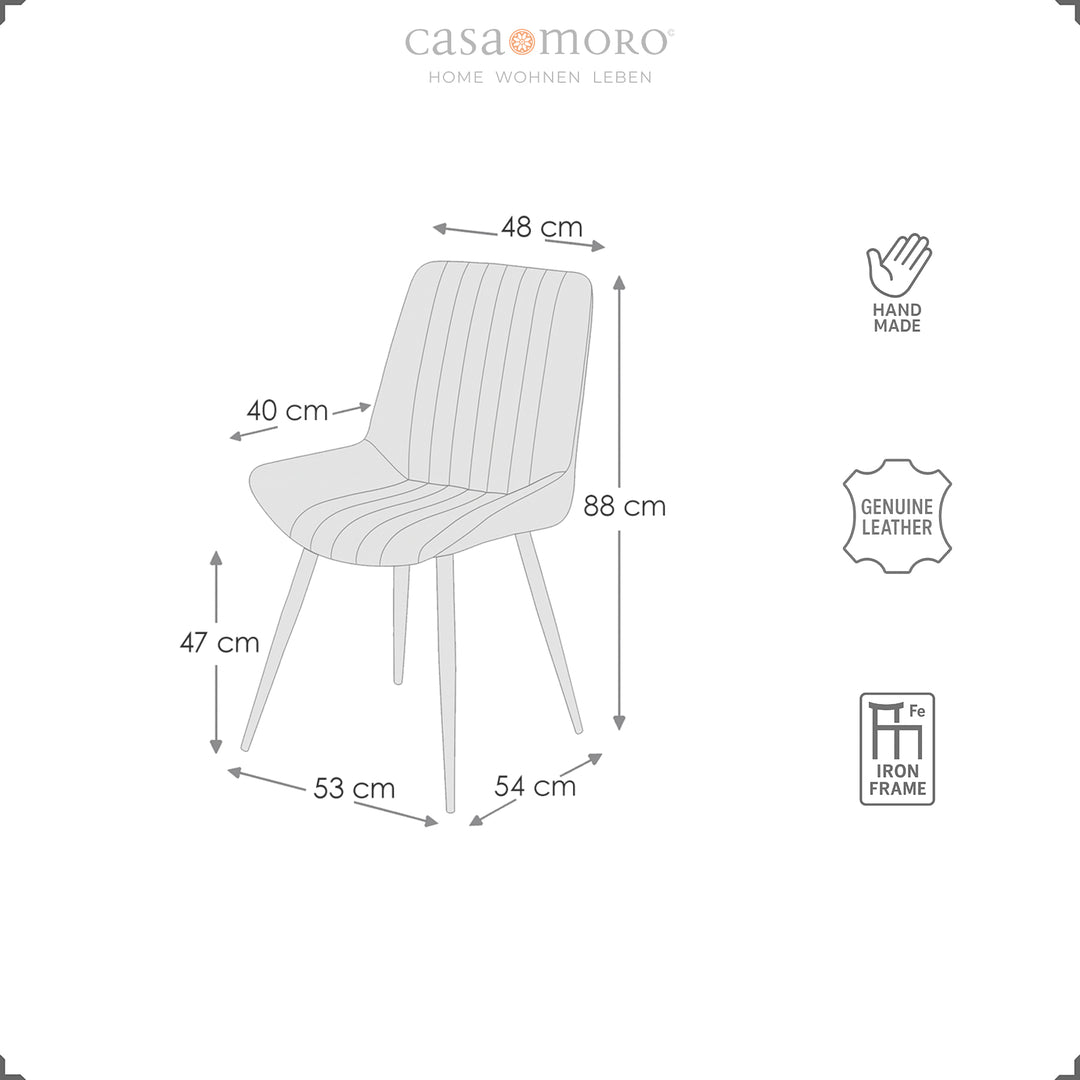 Maßskizze zum Lederstuhl: Höhe 88 cm, Breite 54 cm, Tiefe 53 cm, Sitzhöhe 47 cm, Sitzfläche 46×48 cm