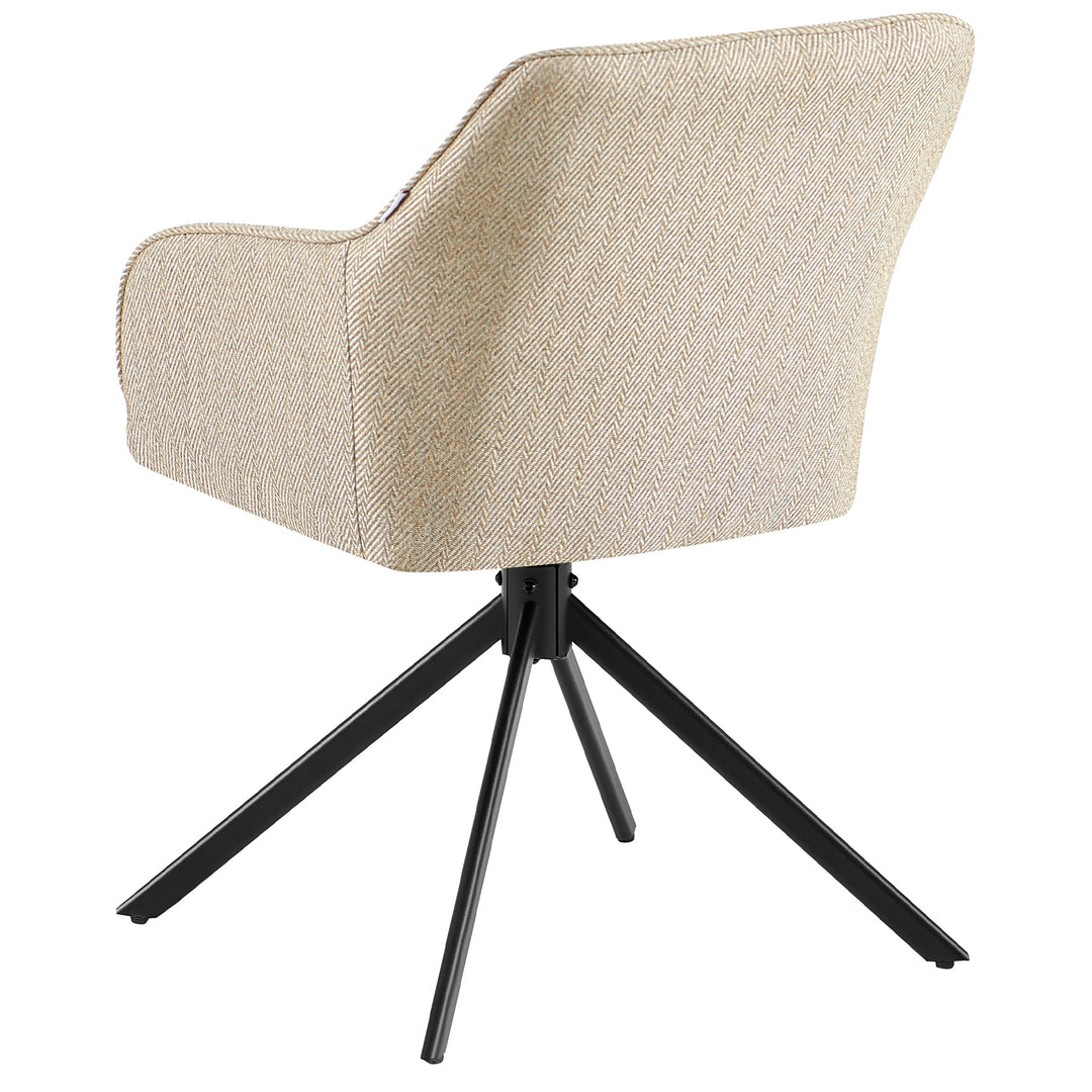 Rückansicht eines 360° drehbaren Polsterstuhls mit Armlehnen in Beige, gepolsterte Rückenlehne mit Fischgrätstruktur und schwarzem Metallgestell