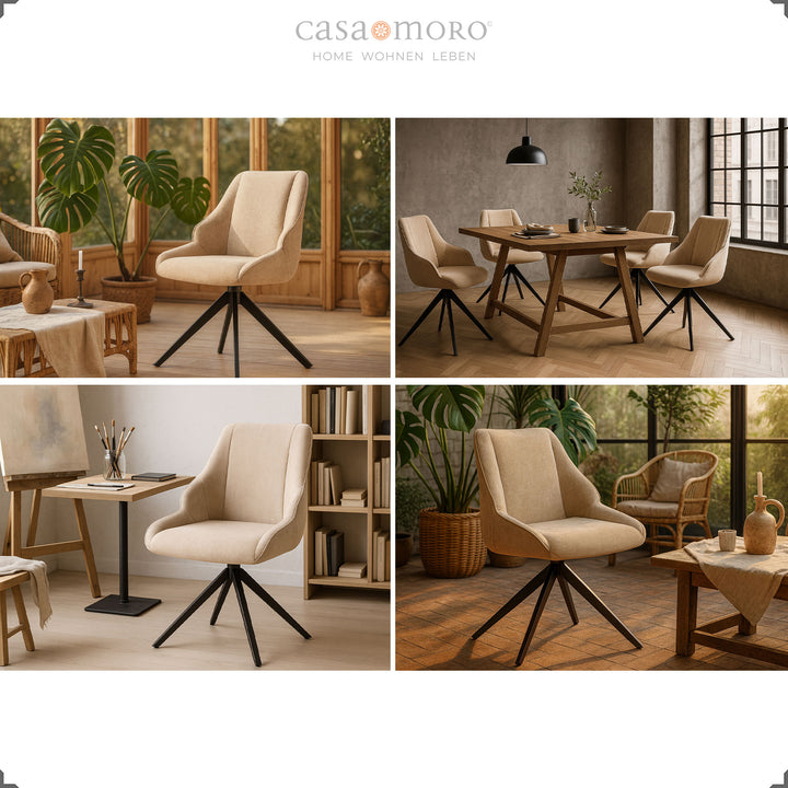 Collage mit 360° drehbaren Esszimmerstühlen in Hellbraun mit schwarzem Metallgestell, gezeigt in Wohnzimmer, Atelier, Essbereich und Wintergarten 