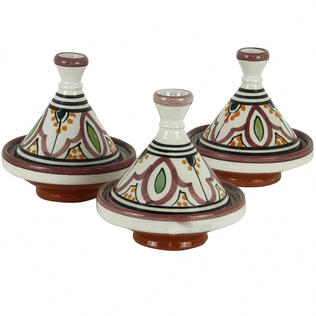 Gewürz Tajine aus Ton im 3er Set, handbemalte Keramik Gewürzbehälter im marokkanischen Stil