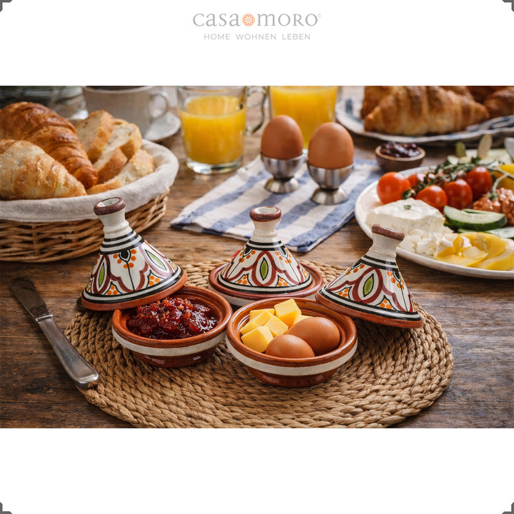 Gewürz Tajine aus Ton im 3er Set, handbemalte Keramik zum Servieren von Marmelade, Eiern und Gewürzen am Frühstückstisch