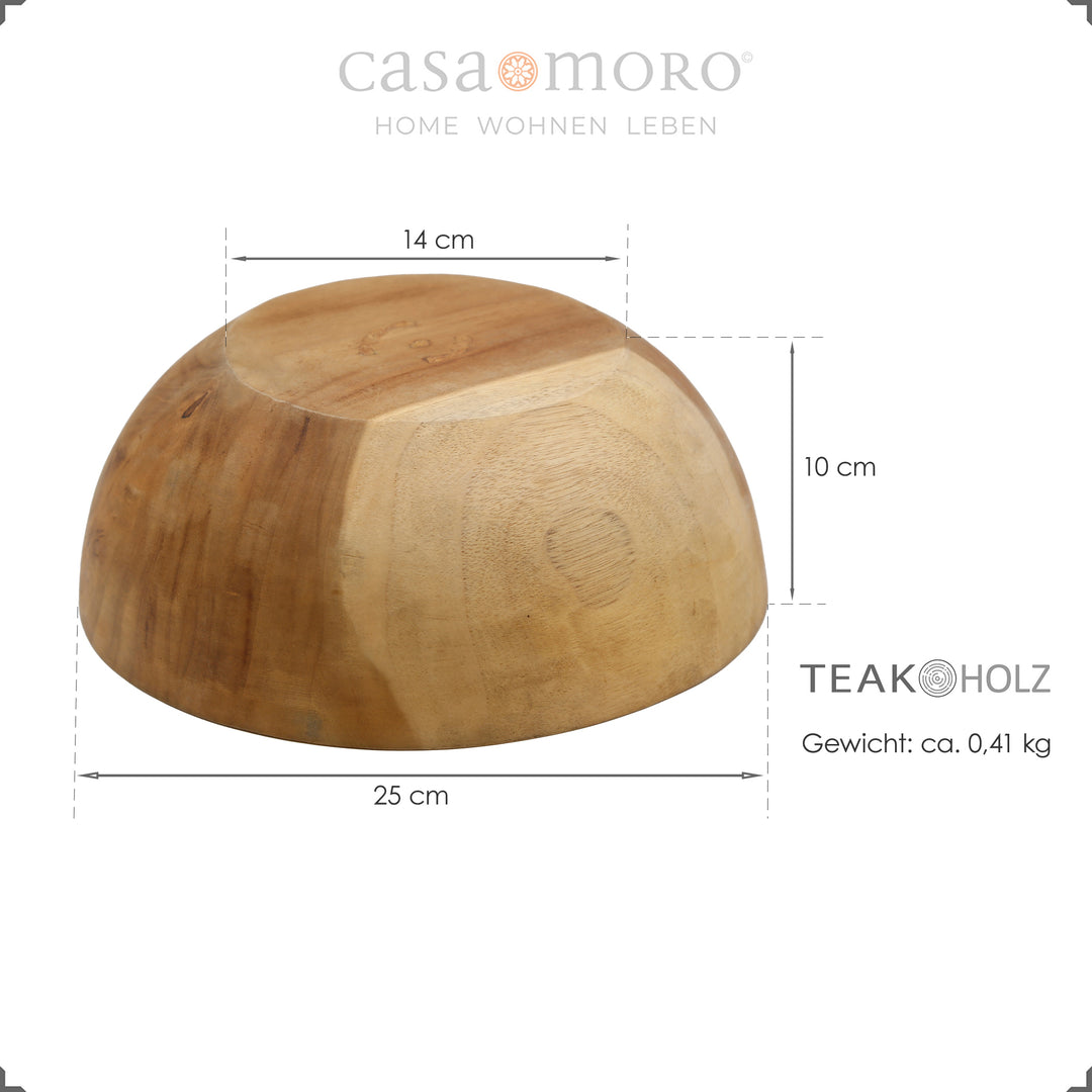 Teakholzschale mit Maßangaben – Ø 25 cm, Höhe 10 cm, Gewicht ca. 0,41 kg