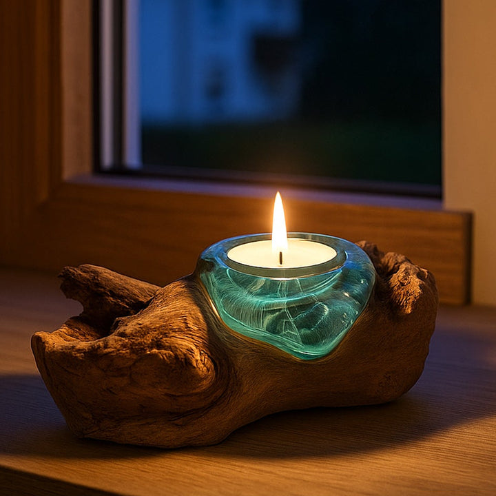 Teelichthalter BALI aus Glas und Wurzelholz