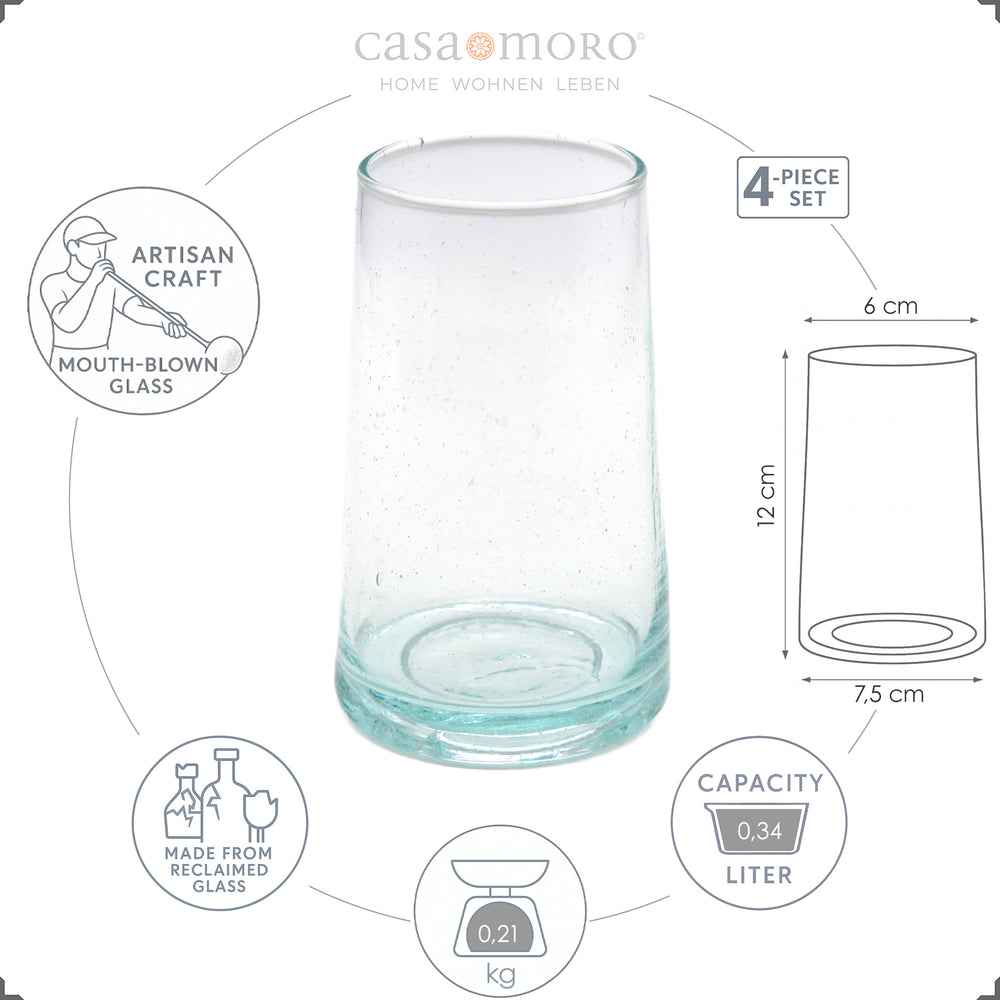 Longdrinkgläser aus klarem Recyclingglas – konisch geformt, stabil und elegant