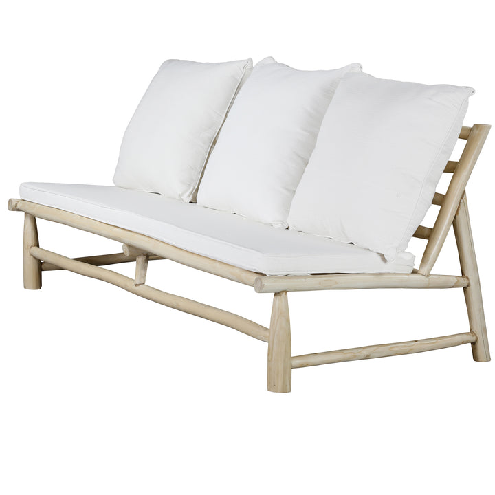Loungesofa 3 Sitzer aus naturbelassenem Teakholz mit cremefarbenen Kissen