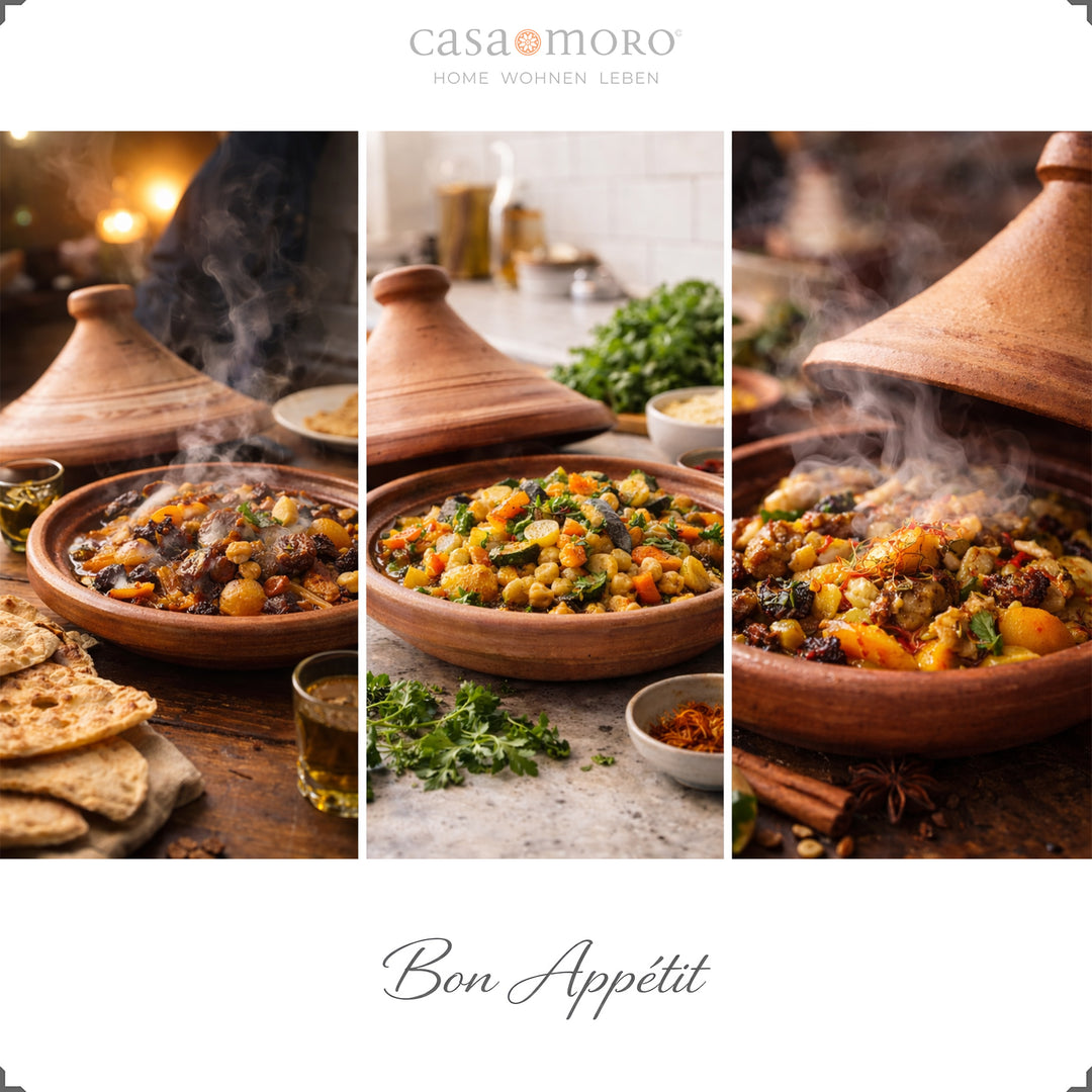 Marokkanische Tajine 34 cm mit Lamm, Fisch und vegetarischer Variante, aromatisch gewürzt