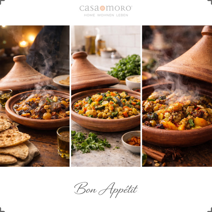 Marokkanische Tajine 34 cm mit Lamm, Fisch und vegetarischer Variante, aromatisch gewürzt