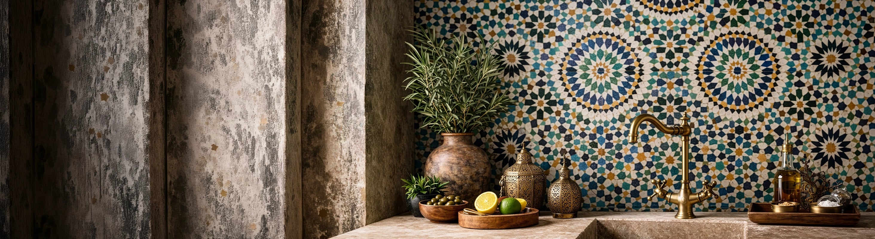 Zellige Fliesen – Marokkanische Zellige Fliesen mit traditionellem geometrischem Muster als Wandgestaltung in einer orientalisch inspirierten Küch