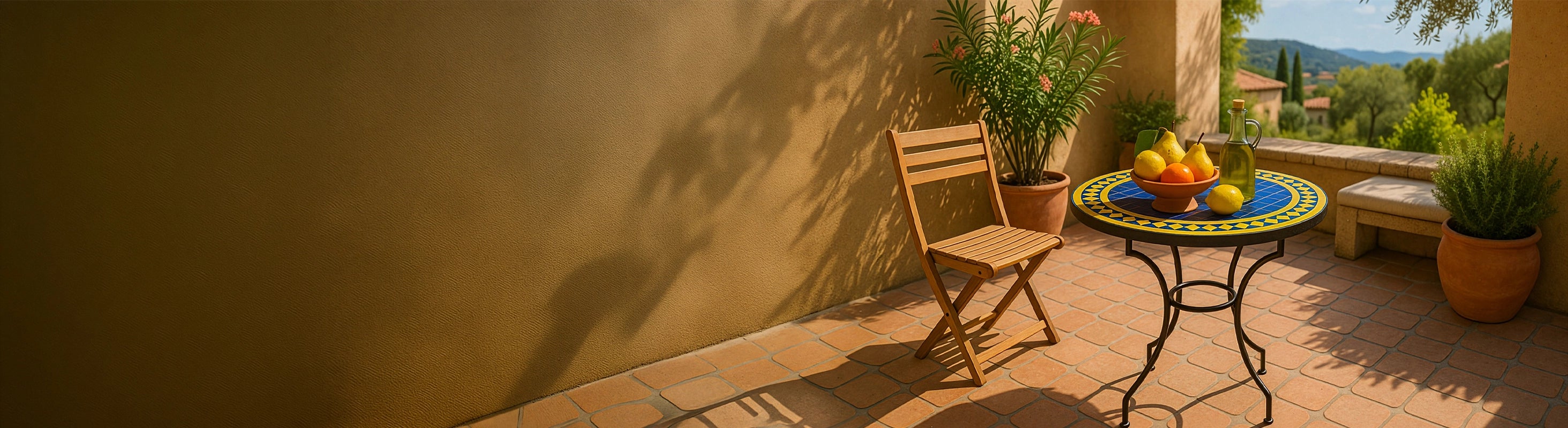 Mosaiktische Ø60 – Runder Mosaiktisch Ø60 cm mit blauen Zellige-Fliesen als Bistrotisch auf sonniger Terrasse mit Stuhl und mediterraner Umgebung – 2 Personen