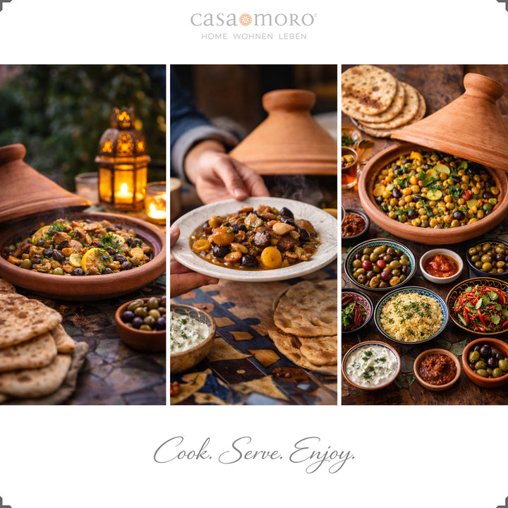 Naturbelassene Tajine aus Marokko 30 cm mit aromatischem Gewürz und vegetarischem Gericht