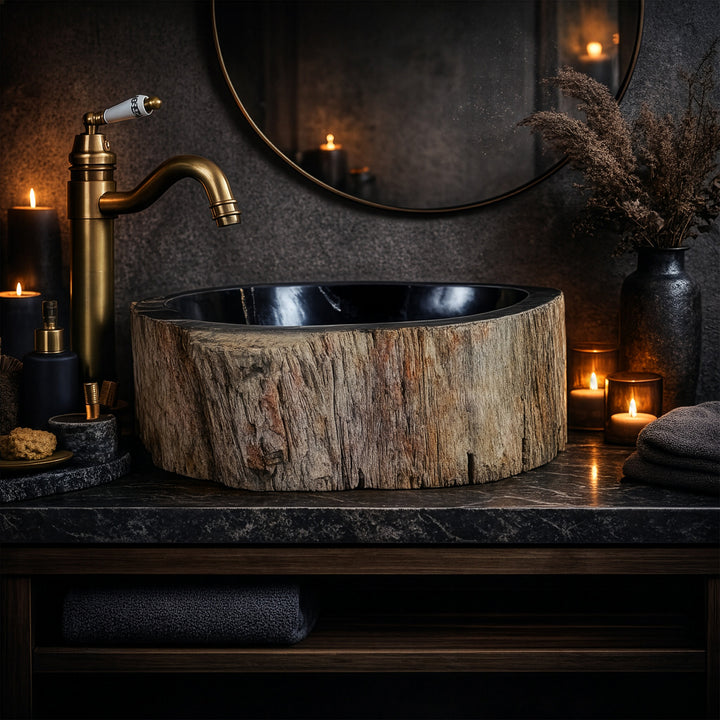 Waschbecken aus versteinertem Holz mit dunkler Innenfläche, rundes Aufsatzwaschbecken in stimmungsvollem Badambiente mit Kerzenlicht.