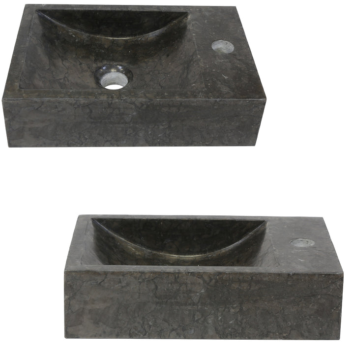 Eckiges Naturstein Waschbecken mit dunkler Maserung in freigestellter Darstellung, gezeigt in Draufsicht und Frontansicht mit integriertem Hahnloch und mittigem Ablauf