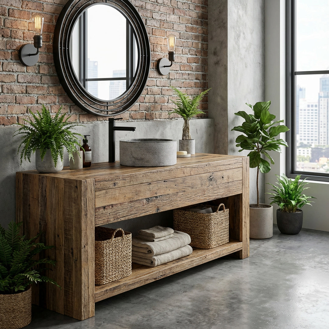 Rundes Natursteinwaschbecken auf massiver Holzkonsole, kombiniert mit Pflanzen und Spiegel im wohnlichen Loft-Bad.