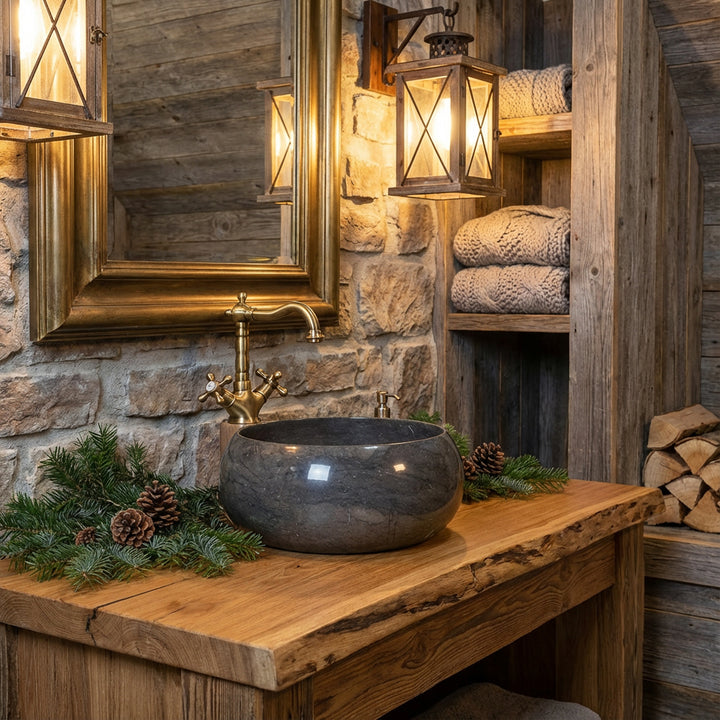 Rundes Aufsatzbecken aus Marmor auf massivem Holztisch im rustikalen Chalet-Badezimmer, kombiniert mit Messingarmatur, Natursteinwand und warmem Laternenlicht