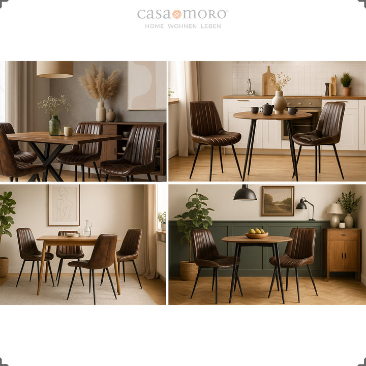 Antikbraune Echtleder-Polsterstühle in verschiedenen Esszimmer- und Küchenszenen mit Holztischen und warmem Licht