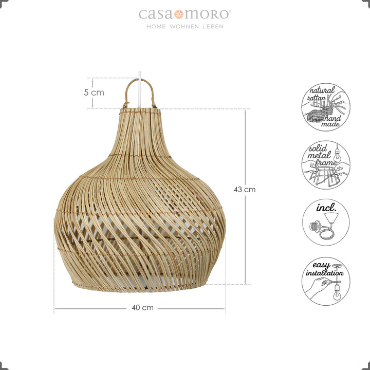 Handgefertigte Rattan-Lampe mit organischer Tropfenform und feinem Geflecht, inklusive Baldachin und Kabel