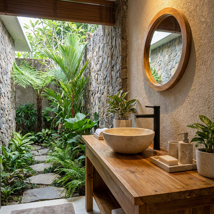 Rundes Waschbecken aus hellem Stein auf Holzwaschtisch mit schwarzer Armatur im offenen Bad mit Gartenblick