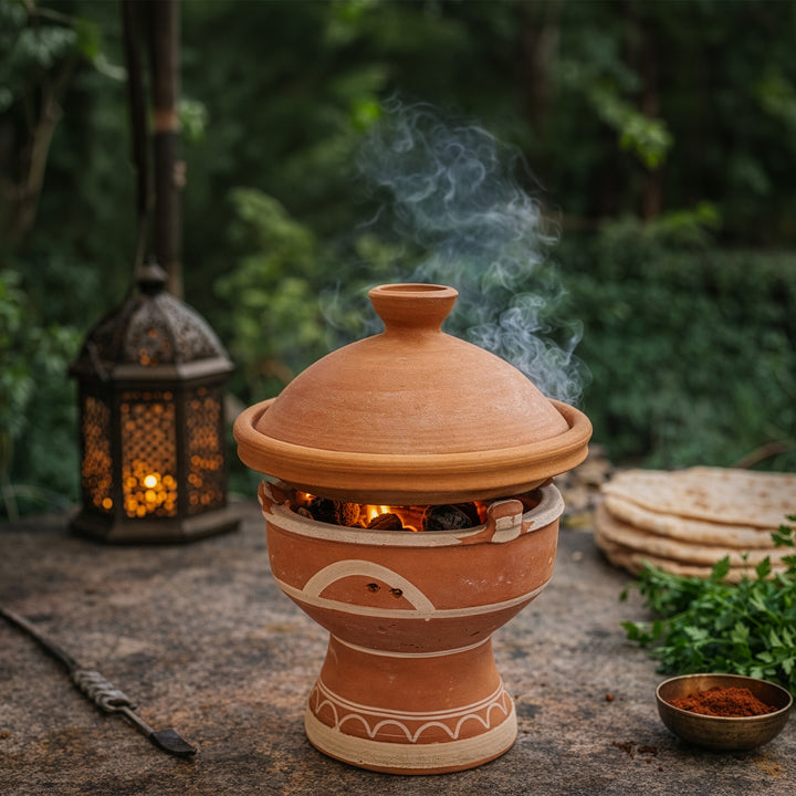 Mejmar Stövchen aus Ton für Holzkohle, marokkanischer Tajine Tischgrill mit offener Glut im Garten