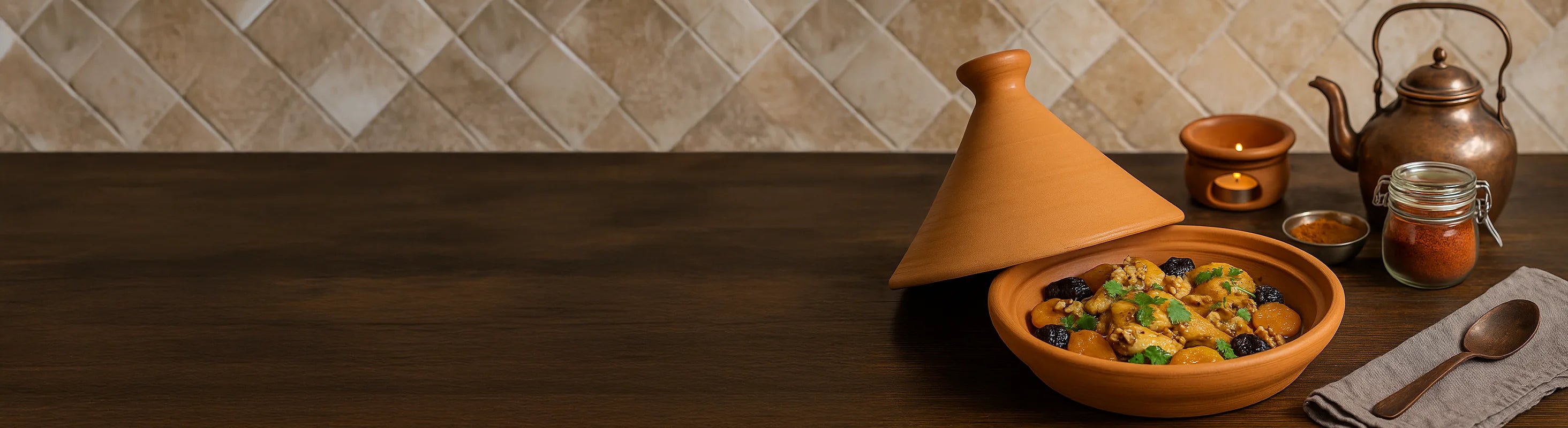Marokkanische Tajine – Tagine gefüllt mit geschmortem Fleisch, Aprikosen und Trockenfrüchten, dekoriert mit frischem Koriander