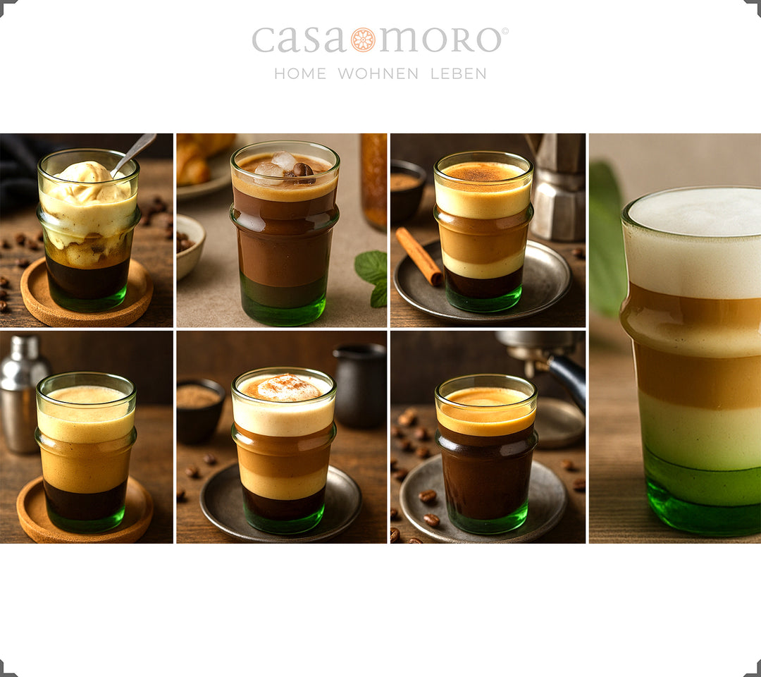 Gläser gefüllt mit Kaffee-Kreationen – vom Macchiato bis zum Dalgona, in grünem Glas serviert