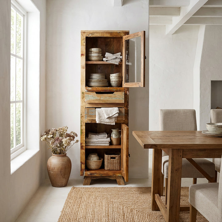 Vitrinenschrank aus massivholz und altholz mit Schublade und Türen im Landhausstil, im Esszimmer platziert