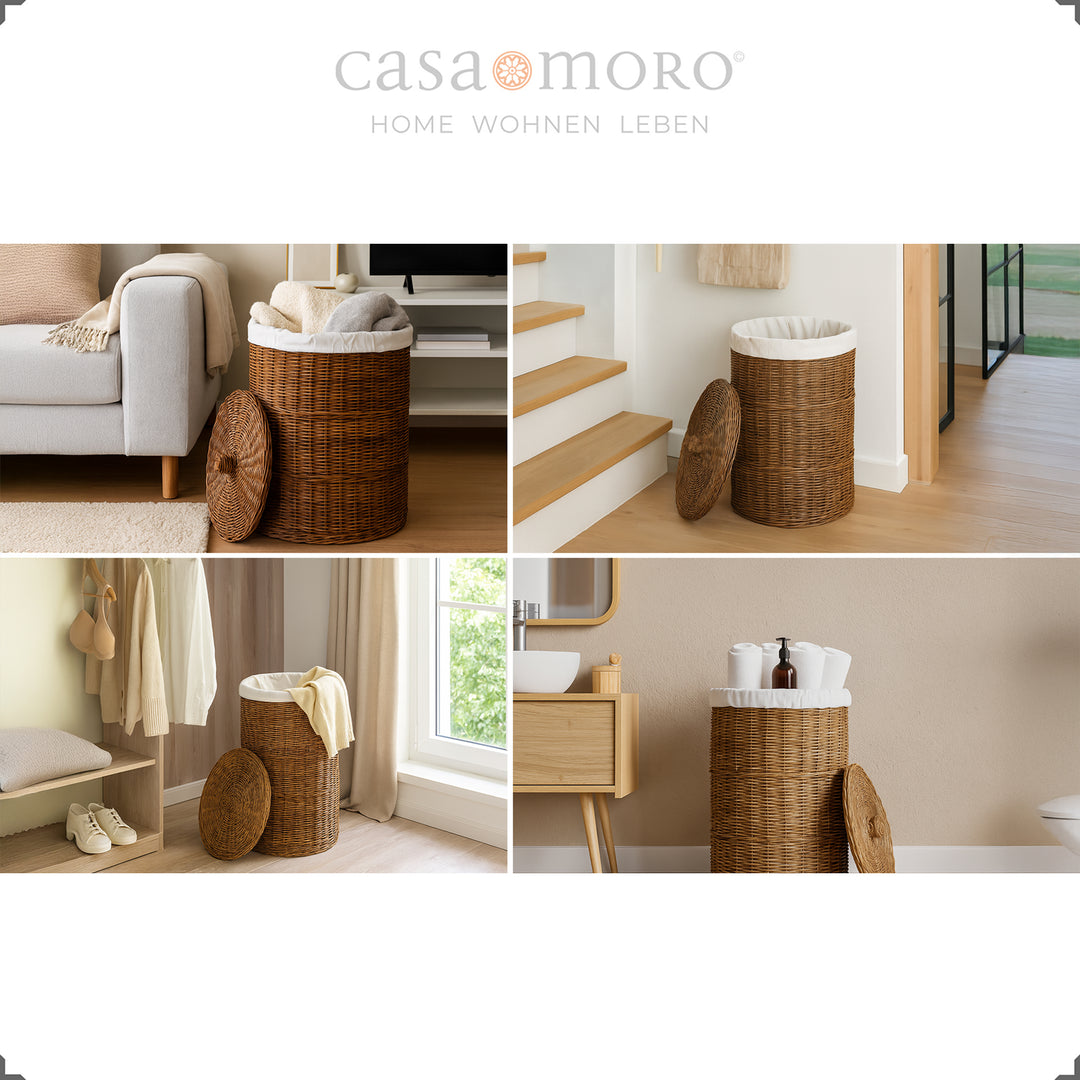 Collage mit braunem Rattan-Wäschekorb in vier Wohnsituationen, unter anderem neben Sofa, Treppe und Waschtisch