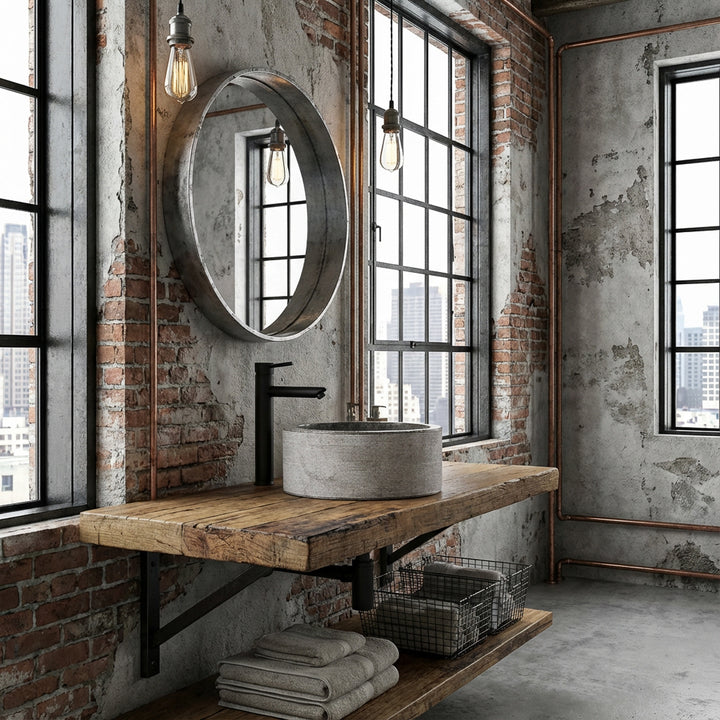 Rundes Waschbecken in Marmoroptik auf rustikaler Holzkonsole, inszeniert in urbanem Industrial-Badezimmer mit Loft-Charakter.