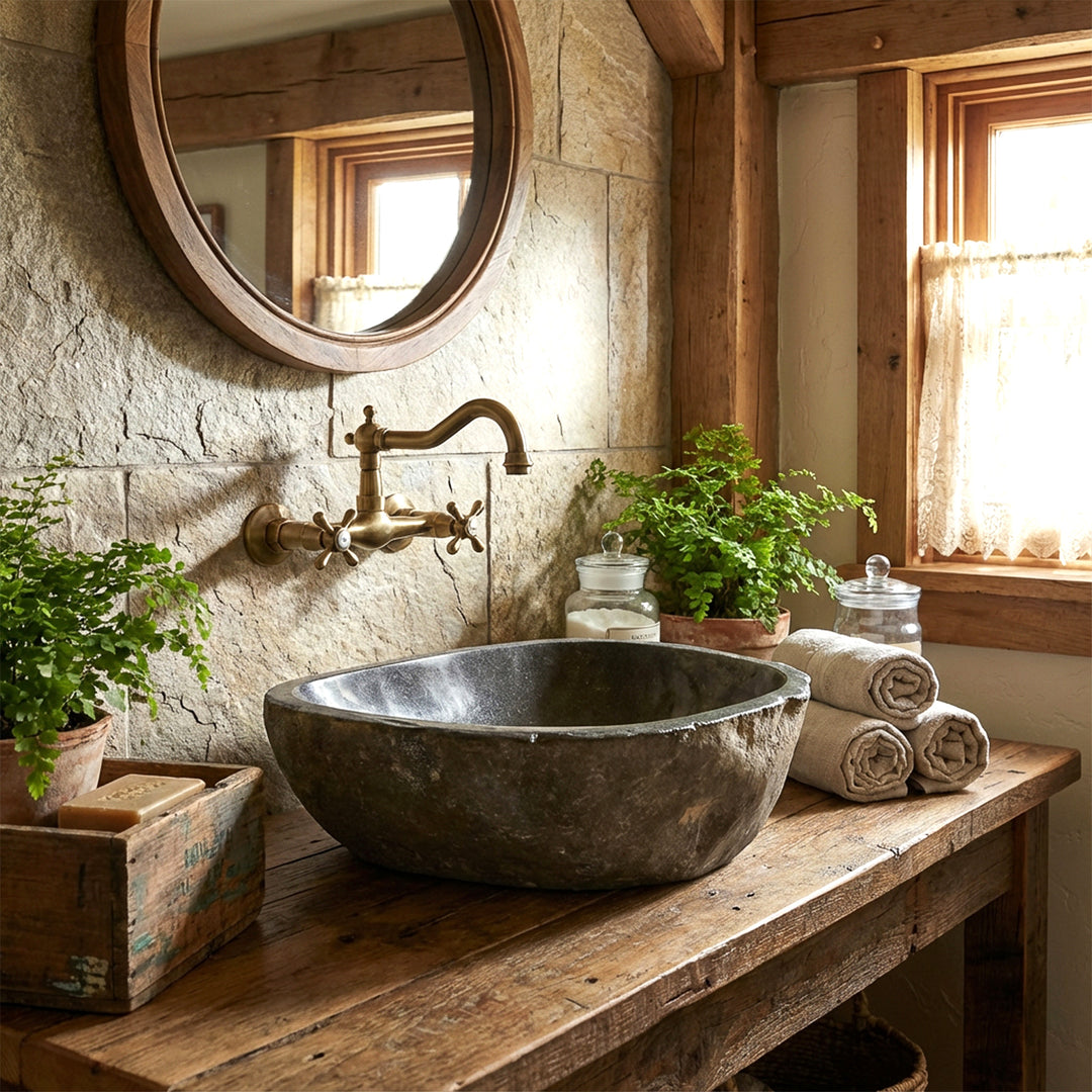 Flussstein-Waschbecken im rustikalen Landhausbad auf Holzkonsole, kombiniert mit Wandarmatur aus Messing und natürlichem Licht